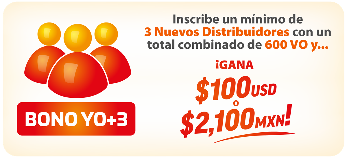 Bono YO+3: inscribe un mínimo de 3 Nuevos Distribuidores con un total combinado de 600 VO y gana $100 USD o $2,100 MXN